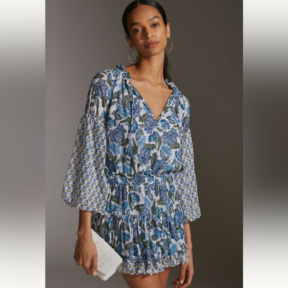 Misa Los Angeles Blue V-Neck Sundress with Bishop Sleeves
